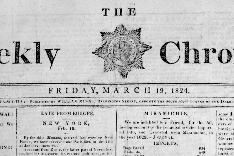 Masthead of the Weekly Chronicle, Friday, March 19, 1824. - Contributed  