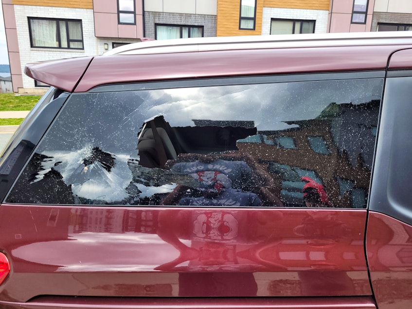 Jen Myrick believes someone smashed the window in her minivan, parked by her Halifax home, because of her Ontario plates
