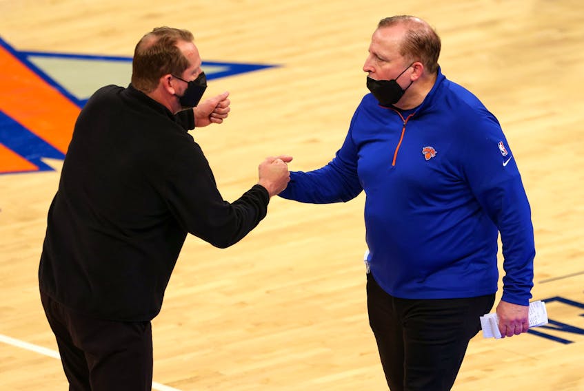 Head coaches Nick Nurse of the Toronto Raptors and Tom Thibodeau of the New York Knicks shake hands after their game earlier this month.
