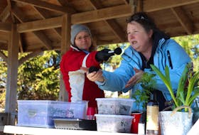 Laurie Robinson, right, shows the audience her soil-plug, used for starting seeds without wasting any plastic or paper.