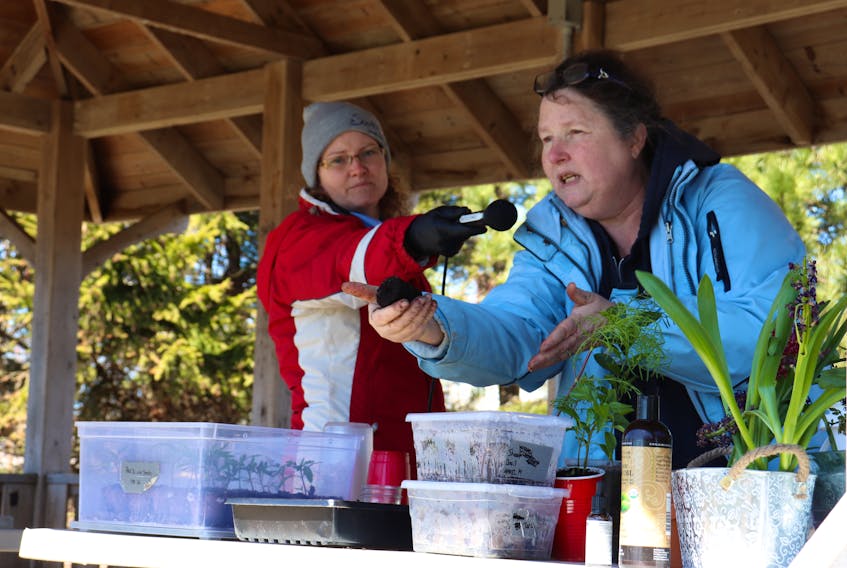 Laurie Robinson, right, shows the audience her soil-plug, used for starting seeds without wasting any plastic or paper.