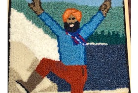 Sonya Corbin Dwyer of Corner Brook used a photo to create this rug hooking of Gurdeep Pandher. Pandher, who lives in the Yukon, shares positivity on social media through bhangra dancing. Corbin Dwyer sent him the finished piece as a gift. (Photo Courtesy of Sonya Corbin Dwyer.)