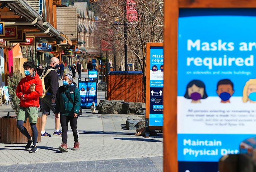 Banff Avenue was photographed on Tuesday, April 20, 2021. The central downtown area of Banff has mandatory mask bylaw indoors and outside.