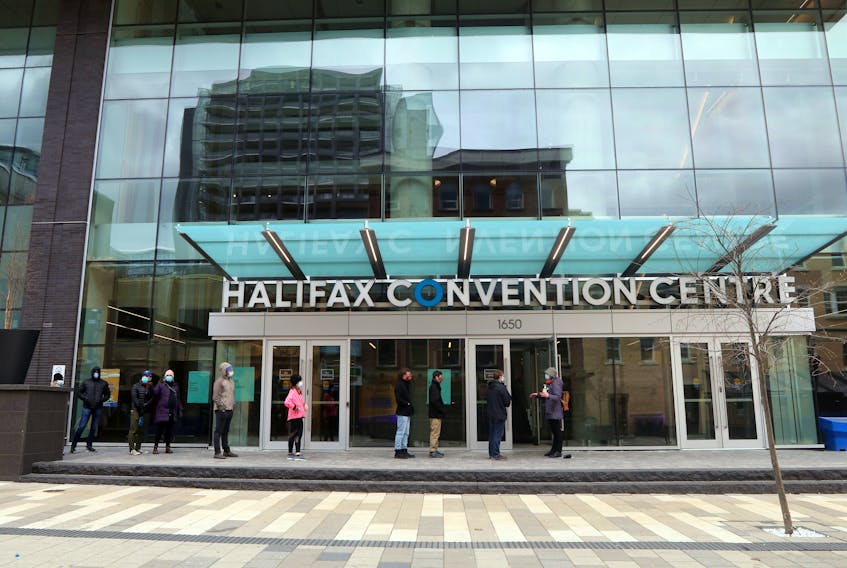 The lineup for asymptomatic testing at the Halifax Convention Centre started along Market Street, near Carmichael Friday.