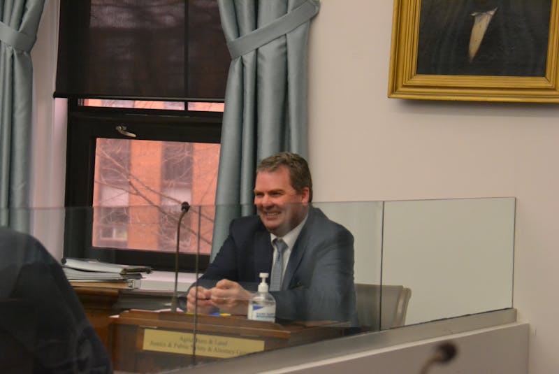 Agriculture Minister Bloyce Thompson laughs before a sitting of the legislature on Friday,. Thompson said staff from his department are currently working on a strategic plan that would govern water usage in P.E.I. - Stu Neatby