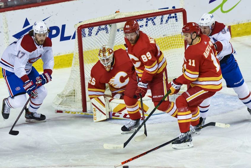 Calgary Flames goalie Jacob Markstrom makes a save against Montreal Canadiens at the Scotiabank Saddledome in Calgary on Monday, April 26, 2021.