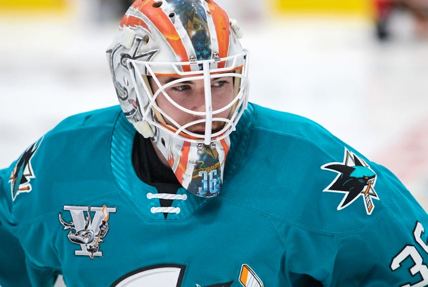 Former University of Alberta Golden Bears netminder Zach Sawchenko, seen here playing with the San Jose Barracuda of the American Hockey League, recently signed his first NHL contract after getting called up by the San Jose Sharks on April 12, 2021.