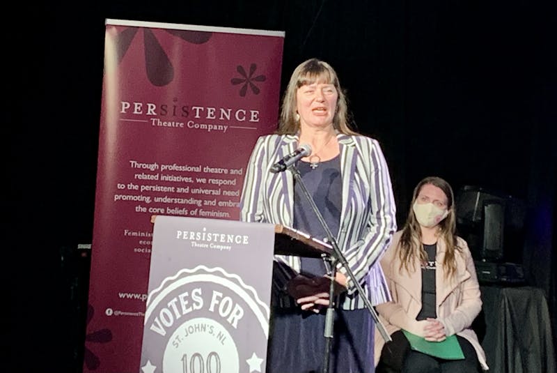 St. John’s Deputy Mayor Sheilagh O’Leary speaks to a gathering at Canadian AV facility in St. John’s, where PerSIStence Theatre Company hosted an event to launch four projects to commemorate 100 years of women voting in St. John’s. - Rosie Mullaley/The Telegram