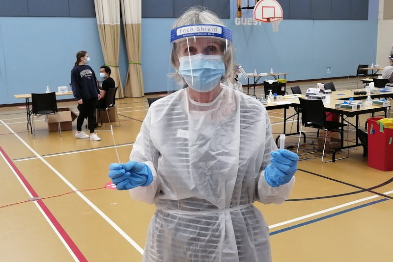 From head-to-toe, Linda Hallett was dressed up in personal protective equipment to test Nova Scotians for COVID-19 at the East Dartmouth Community Centre on Wednesday. - Contributed