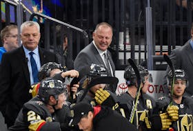 Photo Courtesy Vegas Golden Knights
Mike Kelly, left, and Gerard (Turk) Gallant behind the bench of the Vegas Golden Knights. Gallant, who was head coach, and Kelly, an assistant coach, were with the National Hockey League team from 2017 to 2020.