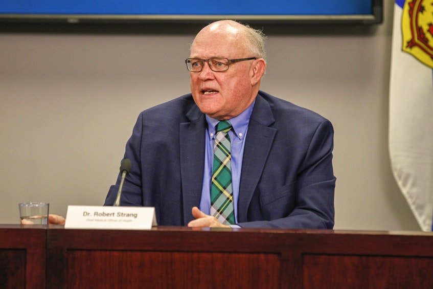 Dr. Robert Strang, chief medical officer of health, said people shouldn't travel across the municipality where they live just because they can. He's pictured at a live briefing on Wednesday, April 28, 2021. - Communications Nova Scotia