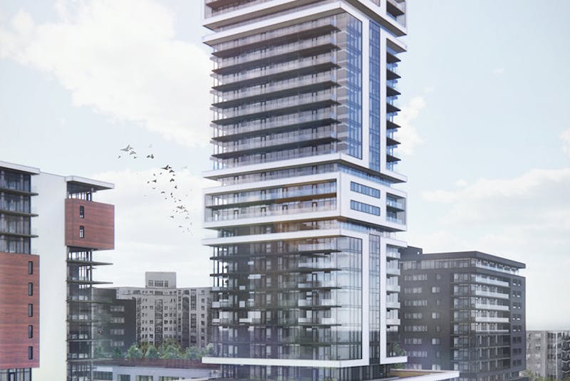 The proposed apartment tower of over 100 metres. Shown from the view of the Shoppers Drug Mart on Robie Street, between Almon and St. Albans streets in north-end Halifax. - Contributed