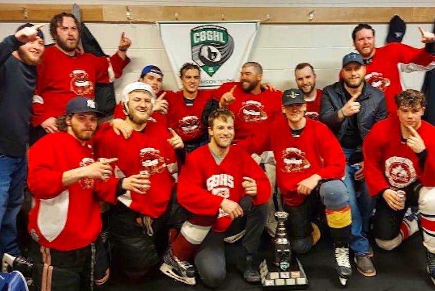The New Waterford Lobster Crushers captured the Cape Breton Gentlemen's Hockey League 'A' Division title recently, defeating the Rebels in five games. Members of the team are from left, front row, Connor Hurroun, Justin McDougall, Mitchell Deruelle, Ryan Groom and Adam Wilson; back row, Johnny Doyle, Justin Deruelle, Connor Campbell, Erik Campbell, Chris Keough, Jon Gillis, Devon Muir and Brandon Oliver. Also members of the team are Ryan Wilson, Matt Wadden and Johnny Rockett as well as coach Dave Brown. CONTRIBUTED • MICHAEL MACDONALD