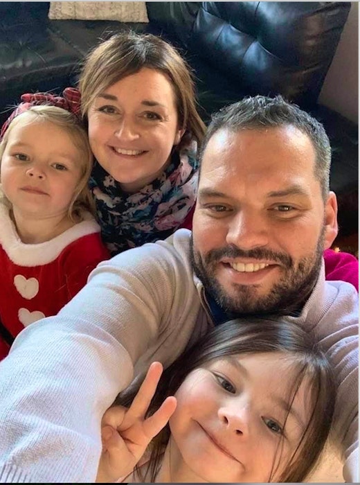 Derek Mombourquette with his wife Stephanie and daughters Allie, 4, left, and Emilie, 6. The Mombourquette girls were tested for COVID-19 and their reaction to the testing was taped by their dad and posted to Facebook. CONTRIBUTED