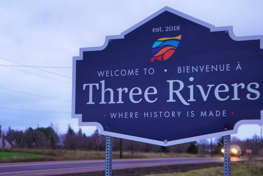 A Three Rivers sign along the Trans Canada Highway.