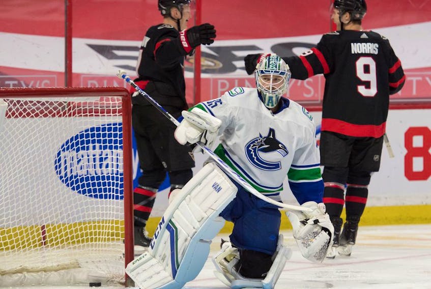  Vancouver Canucks goalie Thatcher Demko reacts to a goal scored by Ottawa Senators centre Josh Norris in the second period at the Canadian Tire Centre.