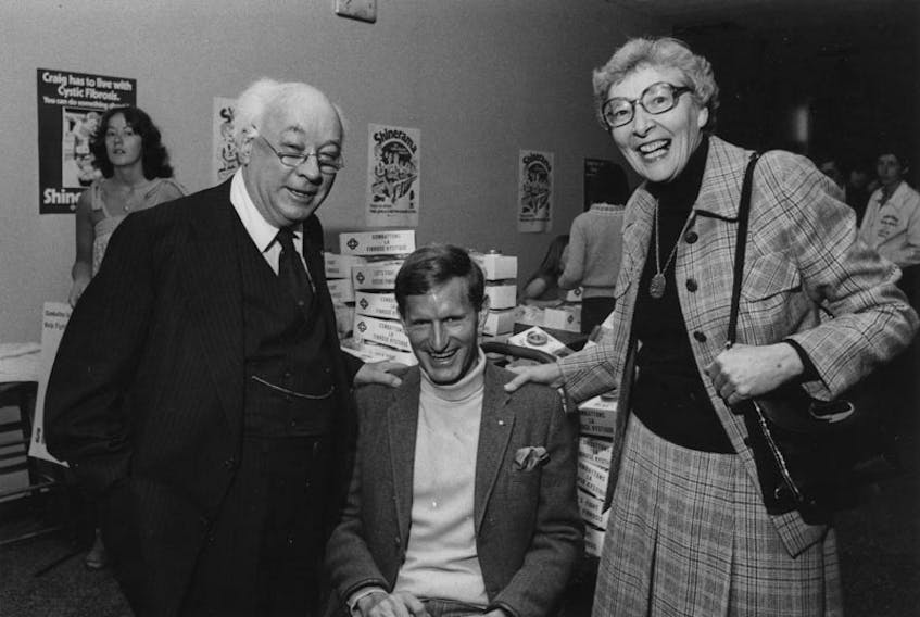 Then University of King's College president John Godfrey, centre, poses for a photo in 1978 with Dalhousie University President Henry Hicks and Mount Saint Vincent president Margaret Fulton. - Dalhousie Archives