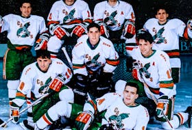 Members of the University College of Cape Breton Capers men's hockey team pose for a picture in the early 1990s. Front, Gary Hickey; from left, middle row, Paul Pedenelli, Darryl Paquette and John Lake; back, Eoch Barrette, Mike O'Neill, John Cunningham and Derek Joseph. CONTRIBUTED • DARRYL PAQUETTE