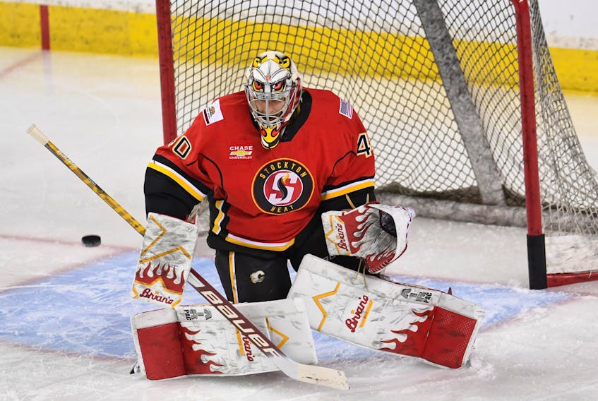 Goaltender Garret Sparks, with 38 games of NHL experience, was steady for the Stockton Heat in 2021. (Candice Ward photo, courtesy Stockton Heat) 