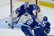 Toronto Maple Leafs David Rittich G (33) makes a toe stop on a shot during the first period in Toronto on Thursday April 29, 2021. Jack Boland/Toronto Sun/Postmedia Network