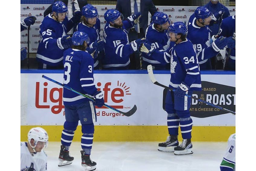 Toronto Maple Leafs Auston Matthews C (34) scores early in the second period in Toronto on Thursday April 29, 2021. Jack Boland/Toronto Sun/Postmedia Network