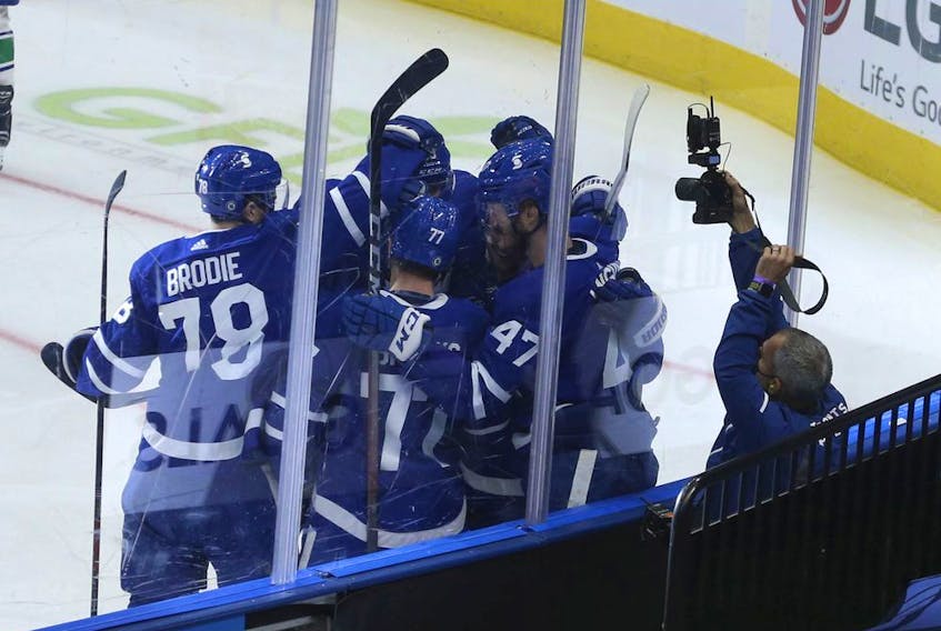 Toronto Maple Leafs Pierre Engvall LW (47) scores the third goal of the game  in the second period in Toronto on Thursday April 29, 2021. Jack Boland/Toronto Sun/Postmedia Network