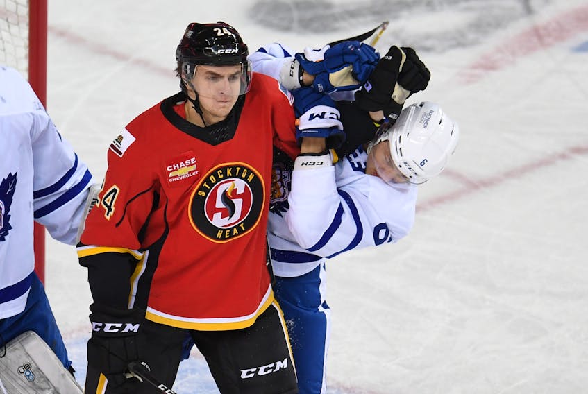  Flames up-and-comer Martin Pospisil showed his skill and snark with the AHL’s Stockton Heat before suffering a season-ending injury. (Candice Ward photo, courtesy Stockton Heat)