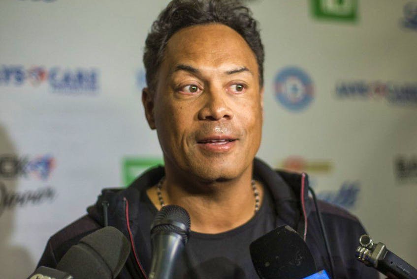 Former Toronto Blue Jays Roberto Alomar during a media availability before the Back2Back 25th Anniversary Reunion Dinner held at the Westin Harbour Castle in Toronto, Ont. on Tuesday October 23, 2018. 