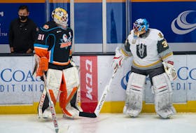 Fred Brathwaite, right, served as the emergency backup for the Henderson Silver Knights game against the San Diego Gulls last Saturday. CONTRIBUTED • HENDERSON SILVER KNIGHTS