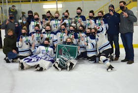 The Western Wind edged the Central Storm 3-2 in the fifth and deciding game of the P.E.I. Under-18 Girls Hockey League final at the Evangeline Recreation Centre on Saturday night. Members of the Wind are, front row, from left, Cyriah Richard and Madison Shea. Second row, manager Tish Shea, Bailey Jones, Erin Rennie, Gracie Gaudet, Olivia Callaghan, Gracie Hackett, Kristen Taylor, Macy Hackett and Tianna Gallant. Third row, assistant coach Jeff Hackett, assistant coach Josee Gallant, assistant coach Will O’Brien, Avery Noye, Amelia DesRoches, Chole Gallant, Emma Dyer, Kylie Campbell, Molly MacInnis, Ella Collins, head coach Paul Campbell and assistant coach Blake Millman.