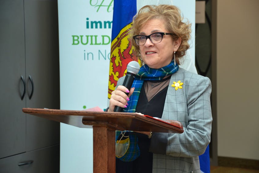Lena Metlege Diab, minister of labour and advanced education, announces a $10-million provincial investment Tuesday, April 6, 2021, in a community back-to-work initiative.