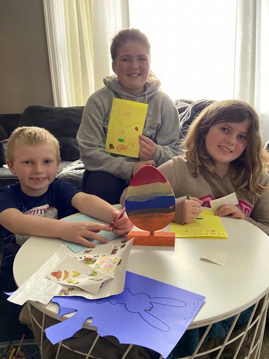 Bob and Jennifer Morton’s family participated in the 100 Easter Cards for Seniors literacy event, crafting 10 homemade cards. Pictured are Greyson, 6, Nevaeh, 11, and Meah, 8. - Contributed