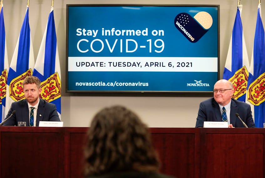 Premier Iain Rankin and Dr. Robert Strang, Nova Scotia’s chief medical officer of health, hold a COVID-19 briefing in Halifax on Tuesday, April 6, 2021.
