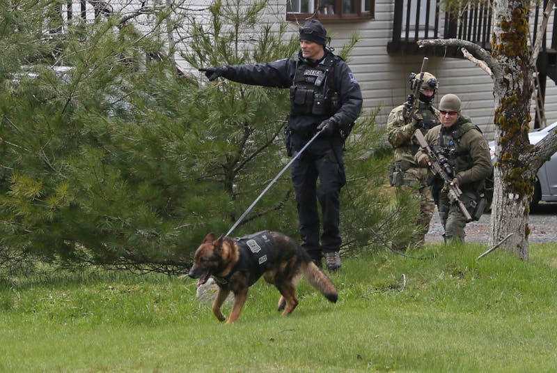 A pair of RCMP ERT members follow a Halifax Regional Police canine officer and his dog in front of an Anderson Road home near Upper Hammonds Plains on May 13, 2020. Halifax Regional Municipality is looking at reviewing the efficiencies of having the two polices forces. - Tim  Krochak