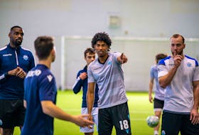 HFX Wanderers midfielder Andre Rampersad directs his teammates during a team pre-season training camp at the BMO Soccer Centre in Halifax - Trevor MacMillan