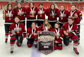 The Cape Breton Blizzard red team won the under-13/15 Cape Breton league title last month by defeating the Cape Breton Blizzard orange team 2-1 in the championship game. Team members, from left, front, Roslyn Gould, Emjay Stevens, Madelyn Williams, Maggie Williams and Geri Francis. Back Row: Isabel Denny, Cammy Francis, Suzanna Prosper, Madeline Christmas, Hannah Sylvester, Kaidan Laporte and Josie Marshall.