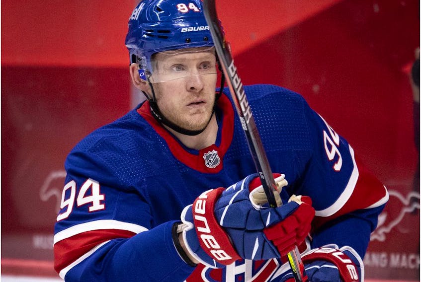 Montreal Canadiens right-winger Corey Perry during action against the Winnipeg Jets in Montreal on March 4, 2021.
