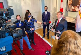 Andrew Furey speaks to members of the media after being sworn in as Newfoundland and Labrador's 14th premier. Furey's cabinet was also sworn in by Lt.-Gov Judy Foote at Government House in St. John's