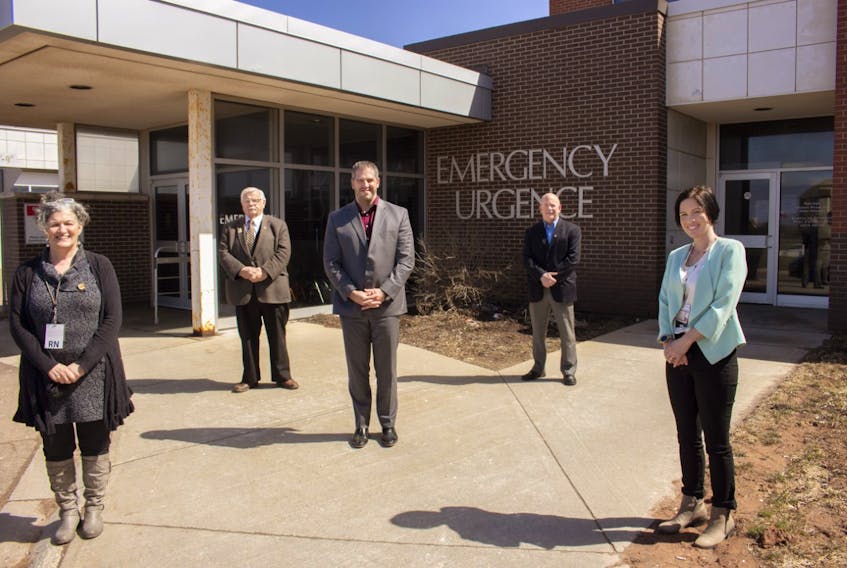 Prince County Hospital ICU Nurse Manager Catherine Andrew, right, Director of Nursing Cathy DesRoches, left, with hospital Administrator Paul Young, announcing a community parntership aimed at recruiting and retaining emergency room and intensive care unit staff, launched April 8, with Prince County Hospital Foundation President Rick Kennedy, and Summerside Mayor Basil Stewart.