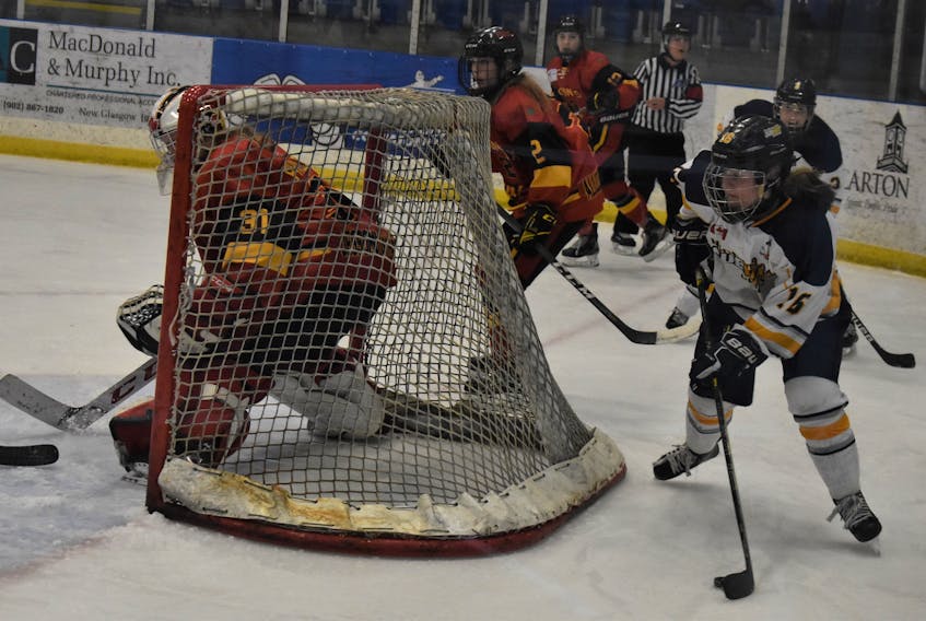 Northern Subway Selects' forward Sara Stewart attempts a wrap-around goal in game two action of her team's provincial final versus the Station Six Fire.  