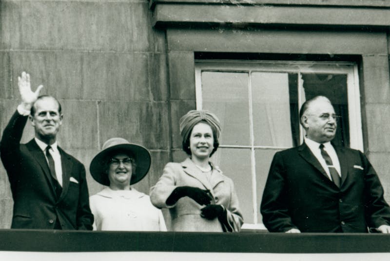 Prince Philip, left, Margaret Shaw, the Queen and P.E.I. Premier Walter R. Shaw are shown on the balconey of Province House in Charlottetown during the 1964 Royal Visit.  - Acc2320/67- Public Archives and Records Office