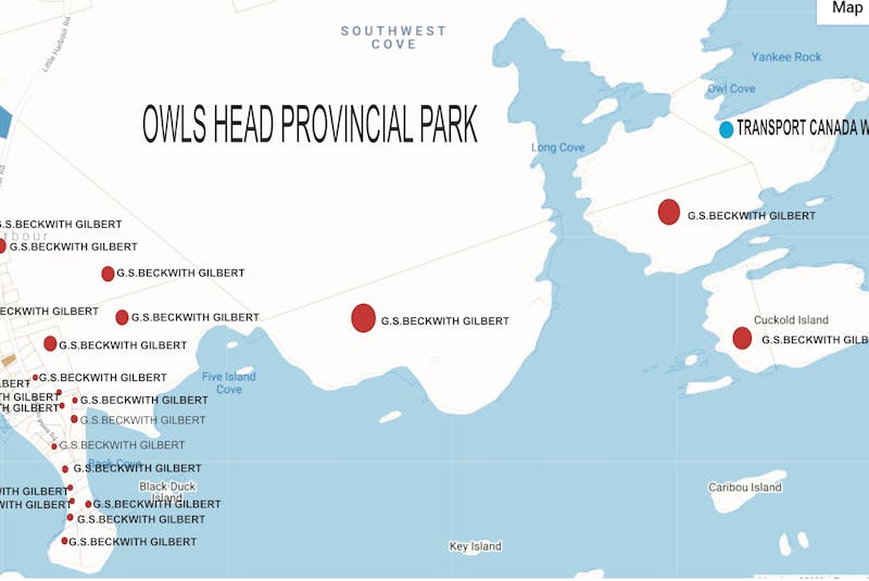 A map shows the properties near Little Harbour and Owls Head provincial park acquired by Beckwith Gilbert in past years. - Contributed