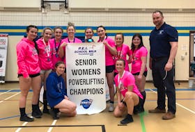 The Westisle Wolverines recently won the girls’ team championship at the Prince Edward Island School Athletic Association (PEISAA) senior powerlifting championships. Team members are, front row, from left: Morgan Burden and Belle Ashley. Back row: Molly McInnis, Sky MacLean, Heidi Thibodeau, Megan Kinch, Emma Coughlin, Maryn Kenny, Ella Hudson, Keira Millar and George Kinch (coach).