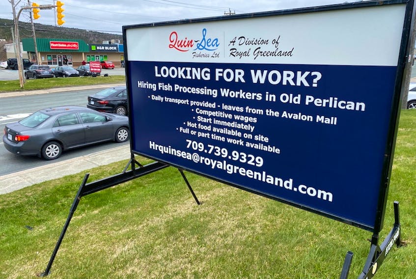 A billboard at the corner of Freshwater Road and Crosbie Road in St. John's advertizes jobs available at the QuinSea fish plant in Old Perlican. 