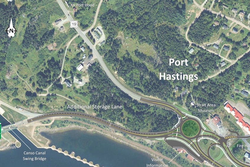 A rendering of one potential option the province's Department of Transportation and Active Transit is considering for reconfiguring the Port Hastings rotary into a roundabout format. CONTRIBUTED