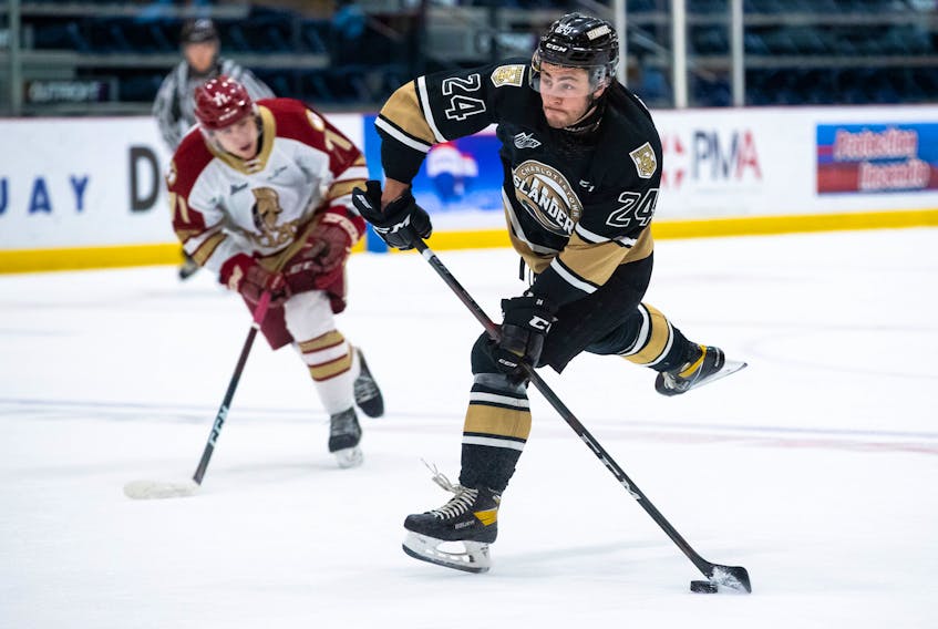 Charlottetown Islanders winger Drew Elliott prepares to take a shot in Game 2 of the Maritimes Division final with the Acadie-Bathurst Titan Sunday in Shawinigan, Que.

