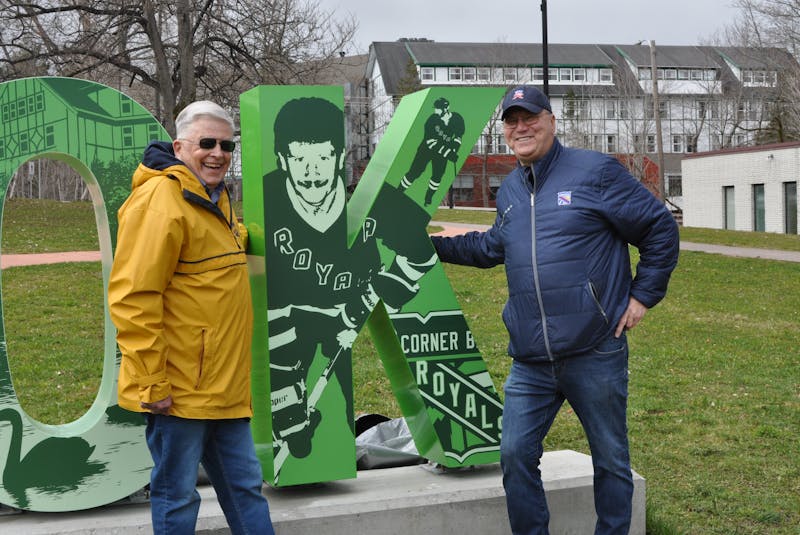 Coun. Bernd Staeben and Coun. Tony Buckle agree the K in the Corner Brook sign unveiled on West Street on Tuesday is pretty special. It pays tribute not only to the city’s hockey history, but to former city employee and Royals player Craig Kennedy, who died in 2018. - Diane Crocker