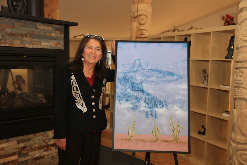 Revered Maliseet artist Dozay Christmas at the opening of her exhibit at the Friends United gallery in October 2019. She died just weeks later. Her series of paintings, still displayed at the gallery, tell the stories of Kluskap and are rooted in the First Nations communities of Mi'kma'ki. CONTRIBUTED - Ardelle Reynolds