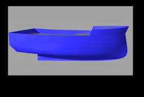 This is a 3-D computer rendering of the TriNav Marine Design E-FINN fishing boat hull.