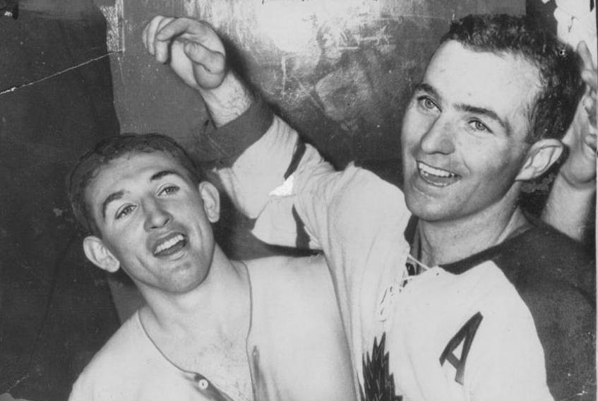  Leafs teammates Bob Nevin, left, and Dick Duff scored the goals in their 2-1 Game 6 win over the Chicago Black Hawks in  1962, sealing the Stanley Cup for the Blue and White. SUN FILES.